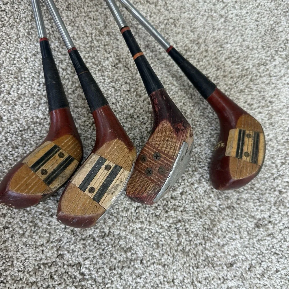 Vintage Golf Driver 1, 2, 3 &4 Wood Steel Shaft Clubs Spalding & Hagen